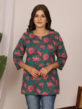 Sanganeri Red Floral Print Teal Green Cotton Top