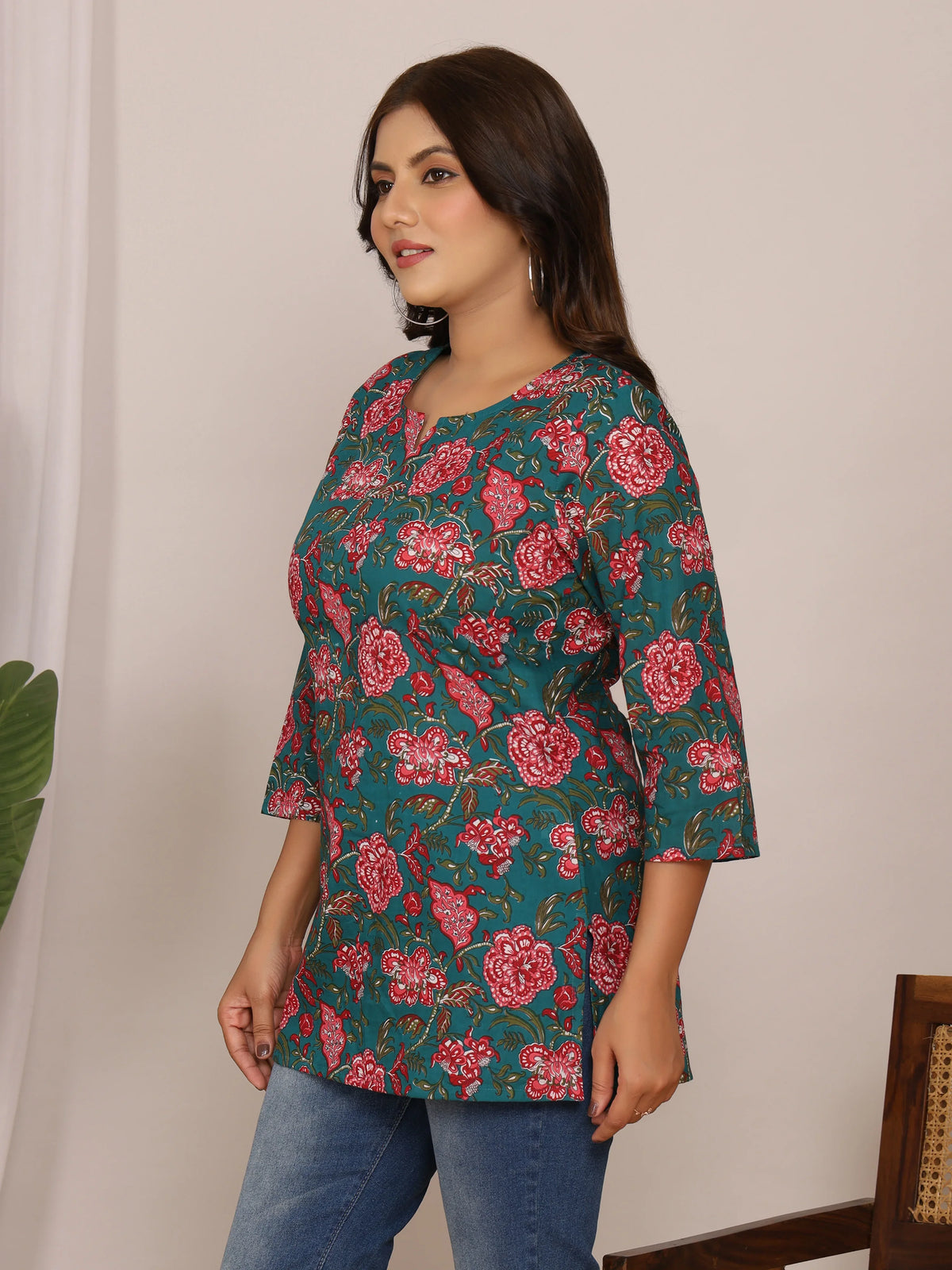 Sanganeri Red Floral Print Teal Green Cotton Top