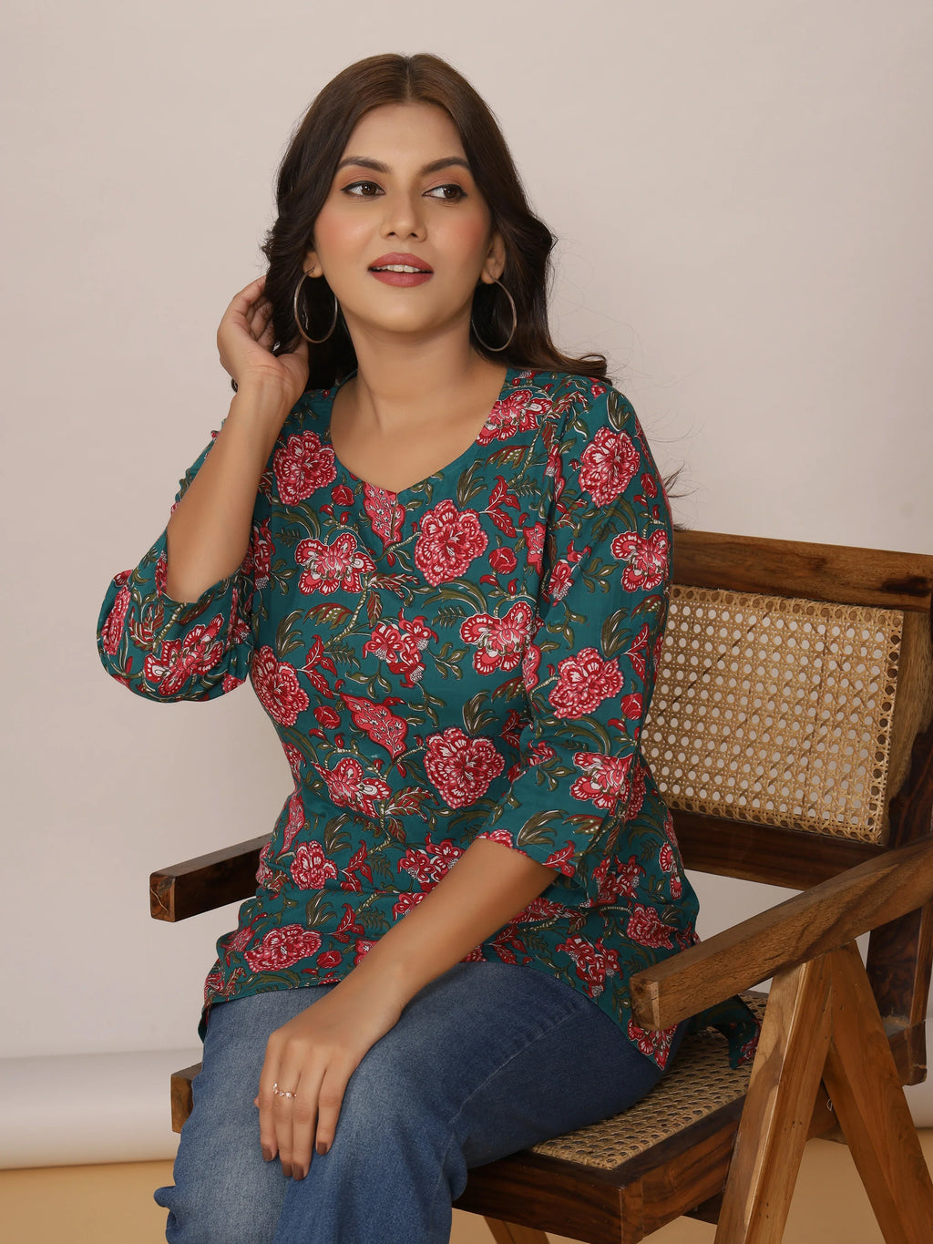 Sanganeri Red Floral Print Teal Green Cotton Top