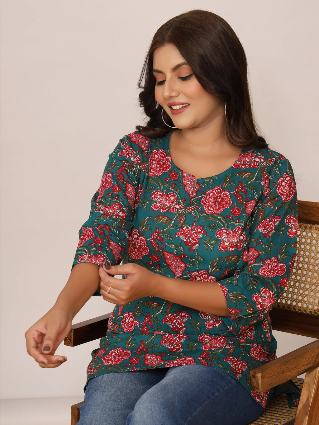 Sanganeri Red Floral Print Teal Green Cotton Top
