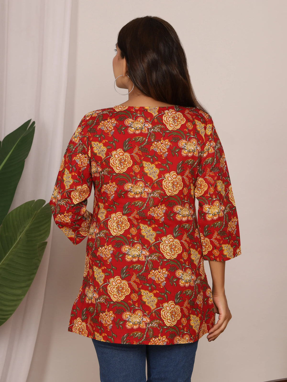 Sanganeri Floral Buti Print Red & Yellow Cotton Top