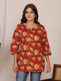 Sanganeri Floral Buti Print Red & Yellow Cotton Top