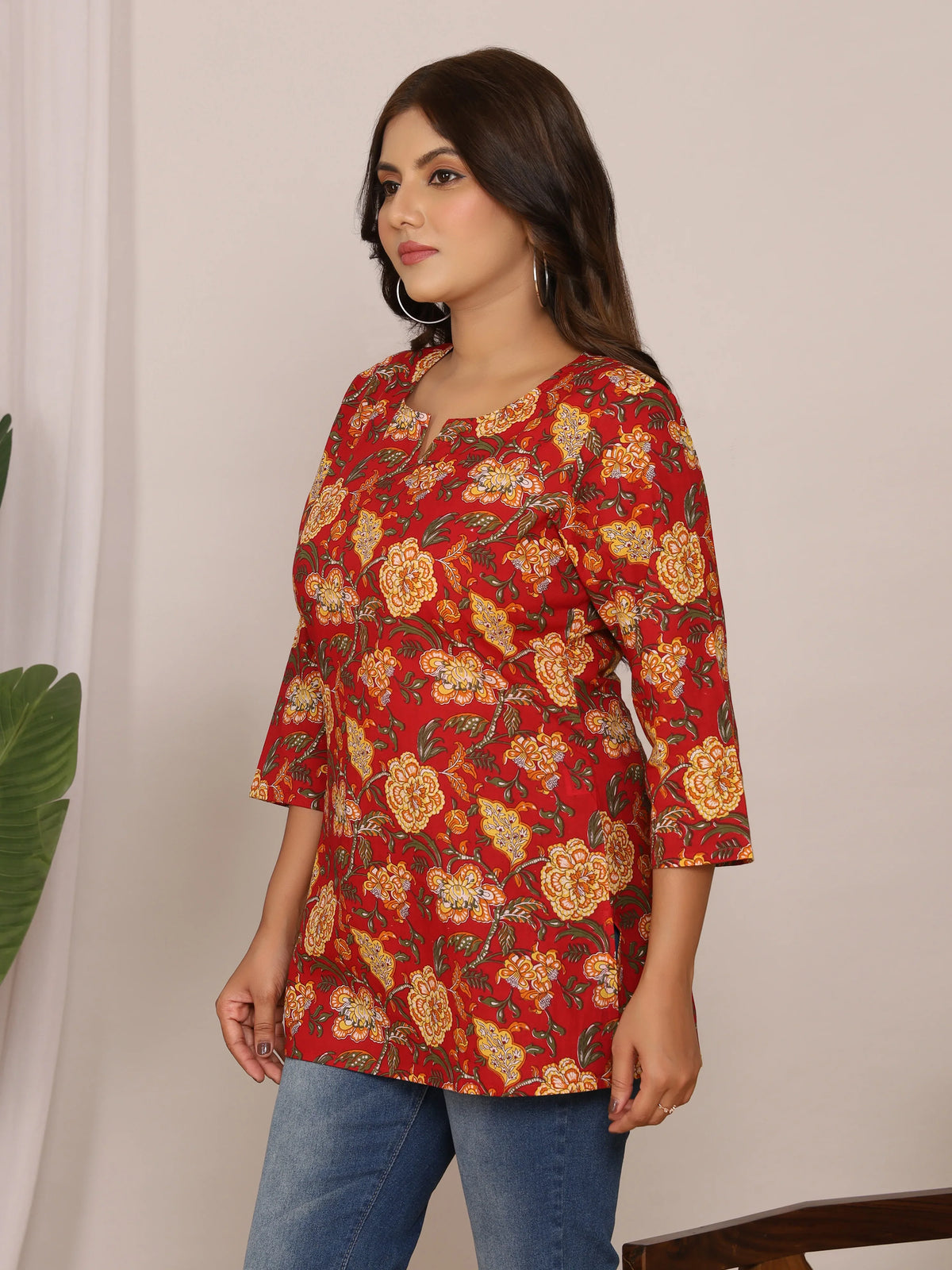 Sanganeri Floral Buti Print Red & Yellow Cotton Top