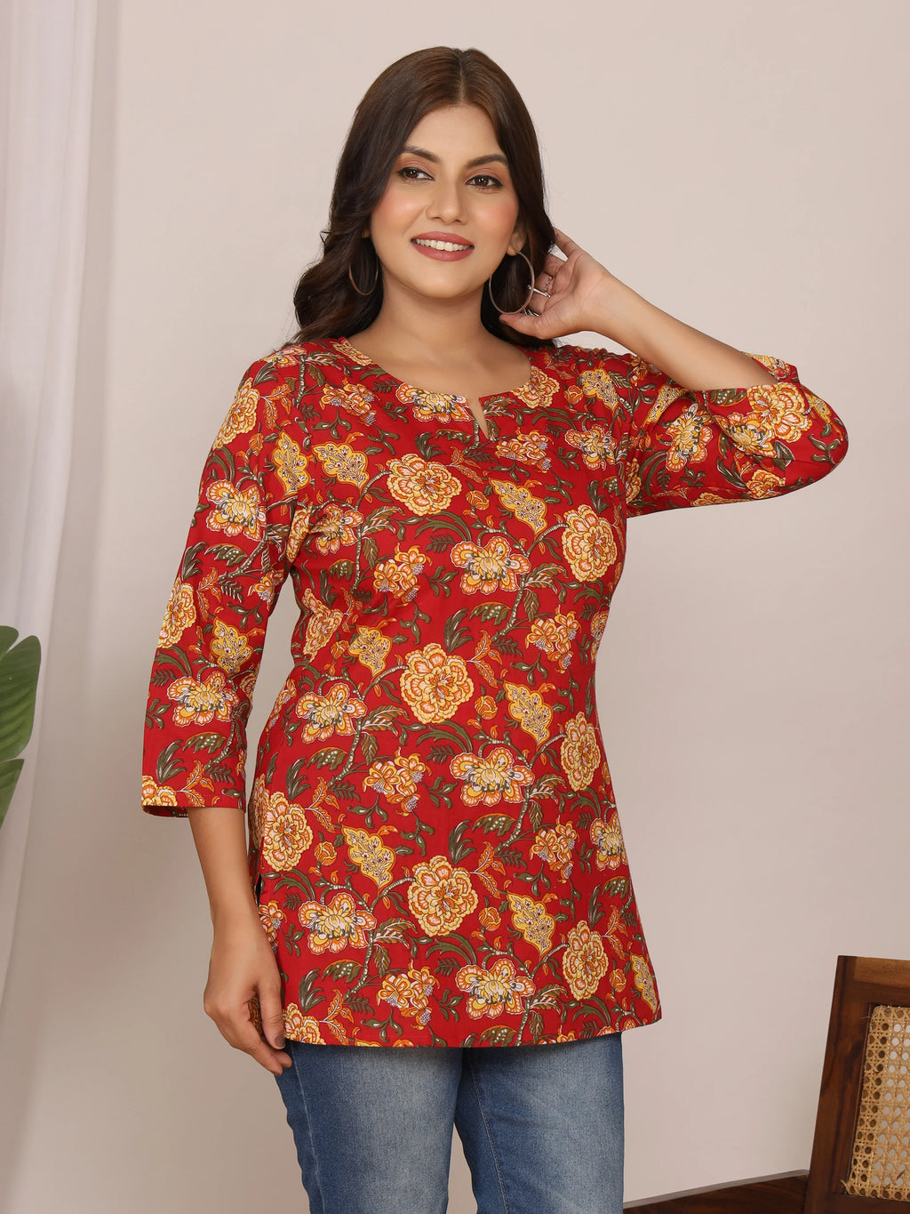 Sanganeri Floral Buti Print Red & Yellow Cotton Top