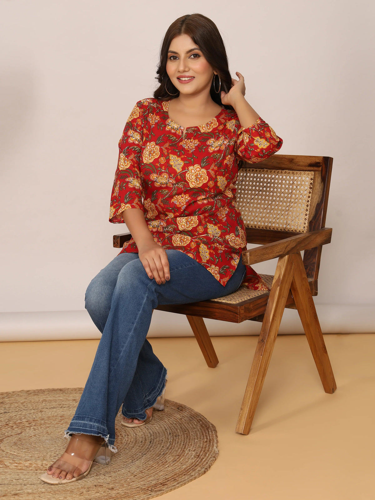 Sanganeri Floral Buti Print Red & Yellow Cotton Top
