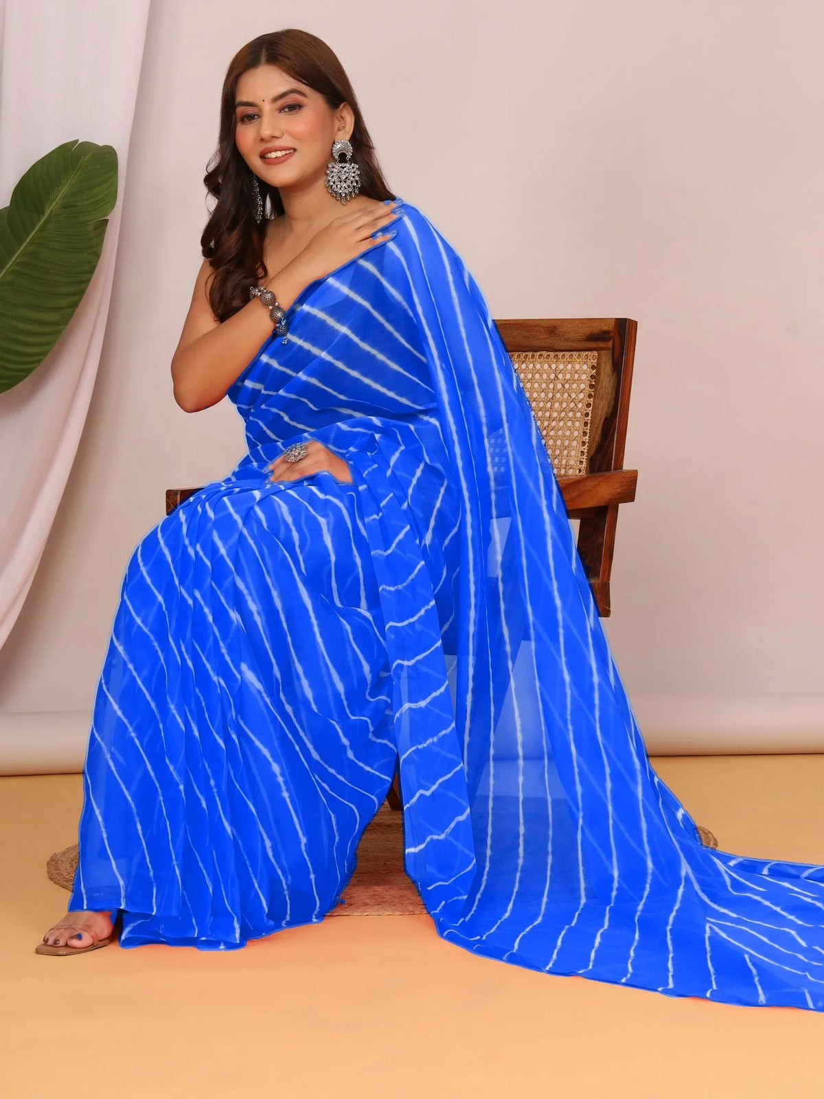 Royal Blue Nazmin Chiffon Saree with Hand Tied Lehriya