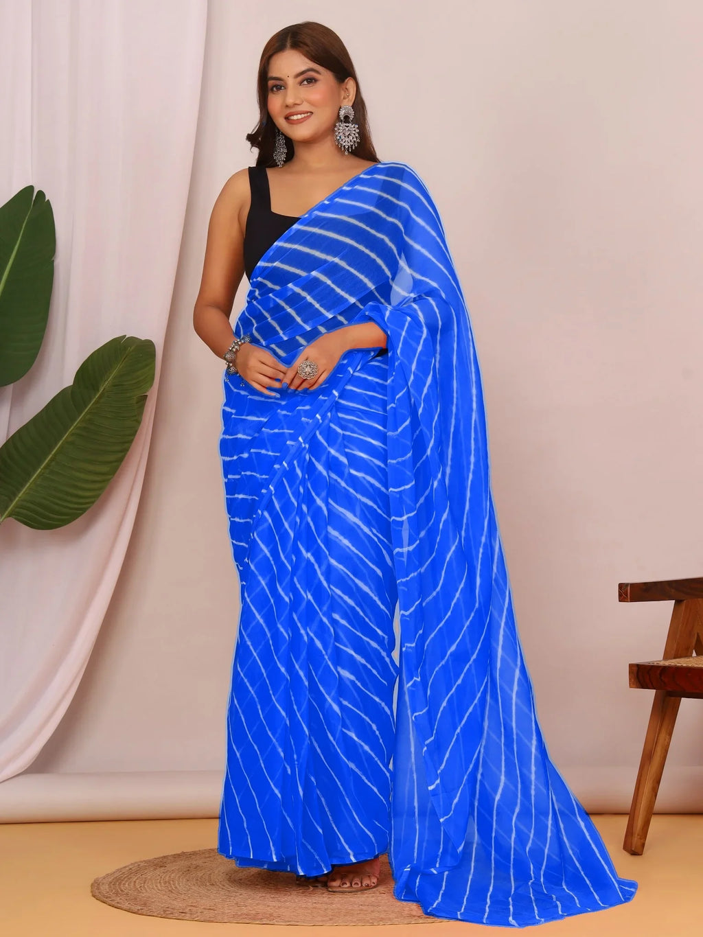 Royal Blue Nazmin Chiffon Saree with Hand Tied Lehriya