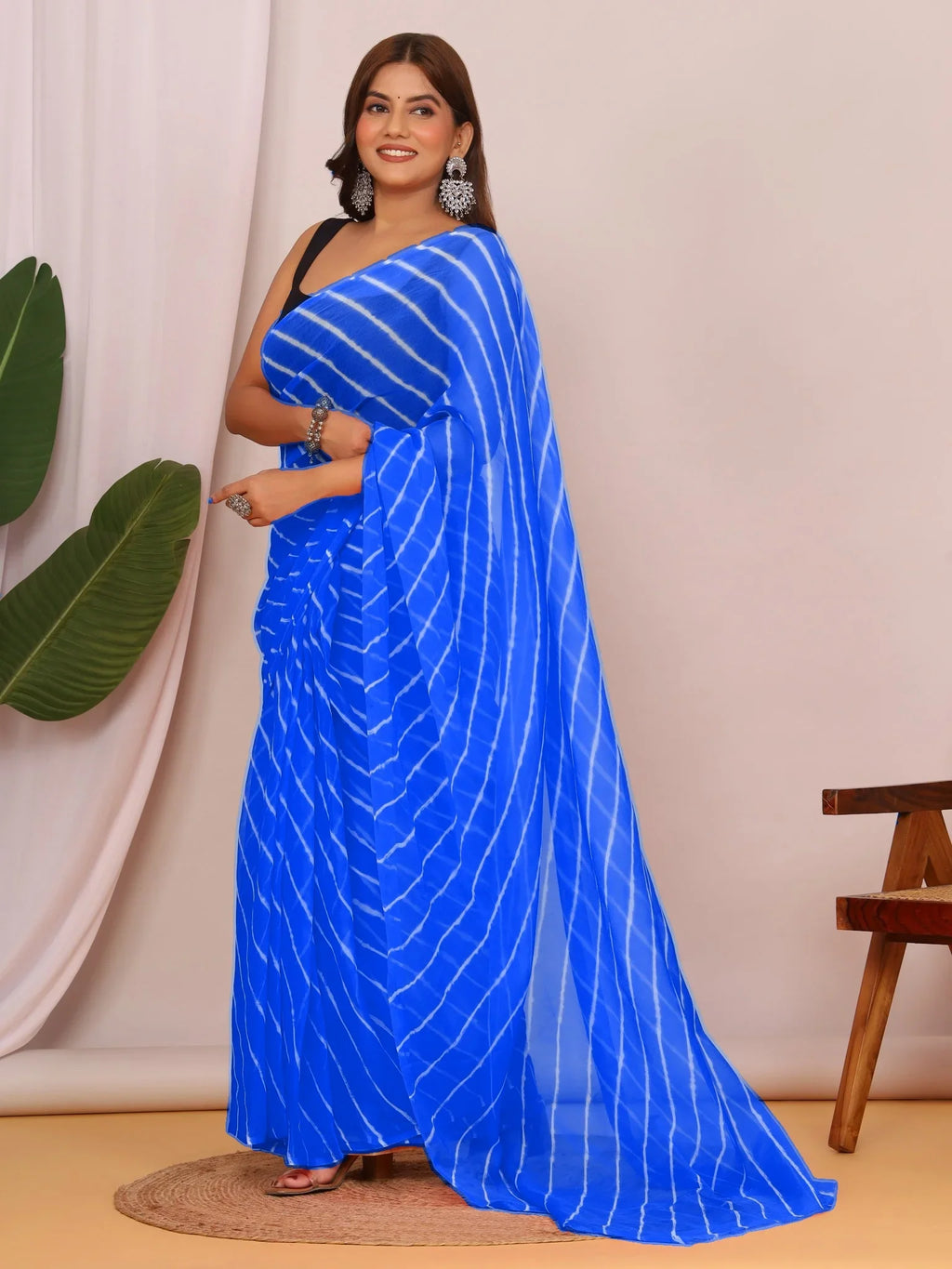 Royal Blue Nazmin Chiffon Saree with Hand Tied Lehriya