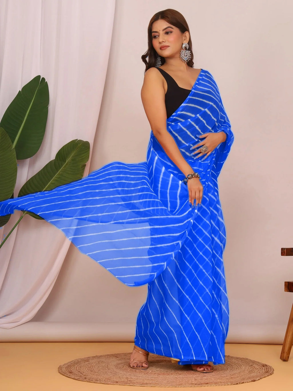 Royal Blue Nazmin Chiffon Saree with Hand Tied Lehriya